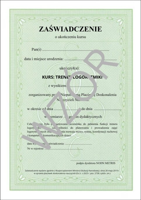 ZAŚWIADCZENIE_LOGORYTMIKA Trener Logorytmiki szkolenie