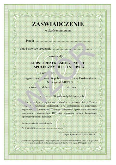 TRENER TUS ZAŚWIADCZENIE TRENER TUS ZAŚWIADCZENIE